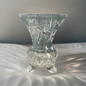 Vintage Bohemian Heavy Hand Cut 3 Footed Crystal Vase 5.75”H Clear Gift Feet